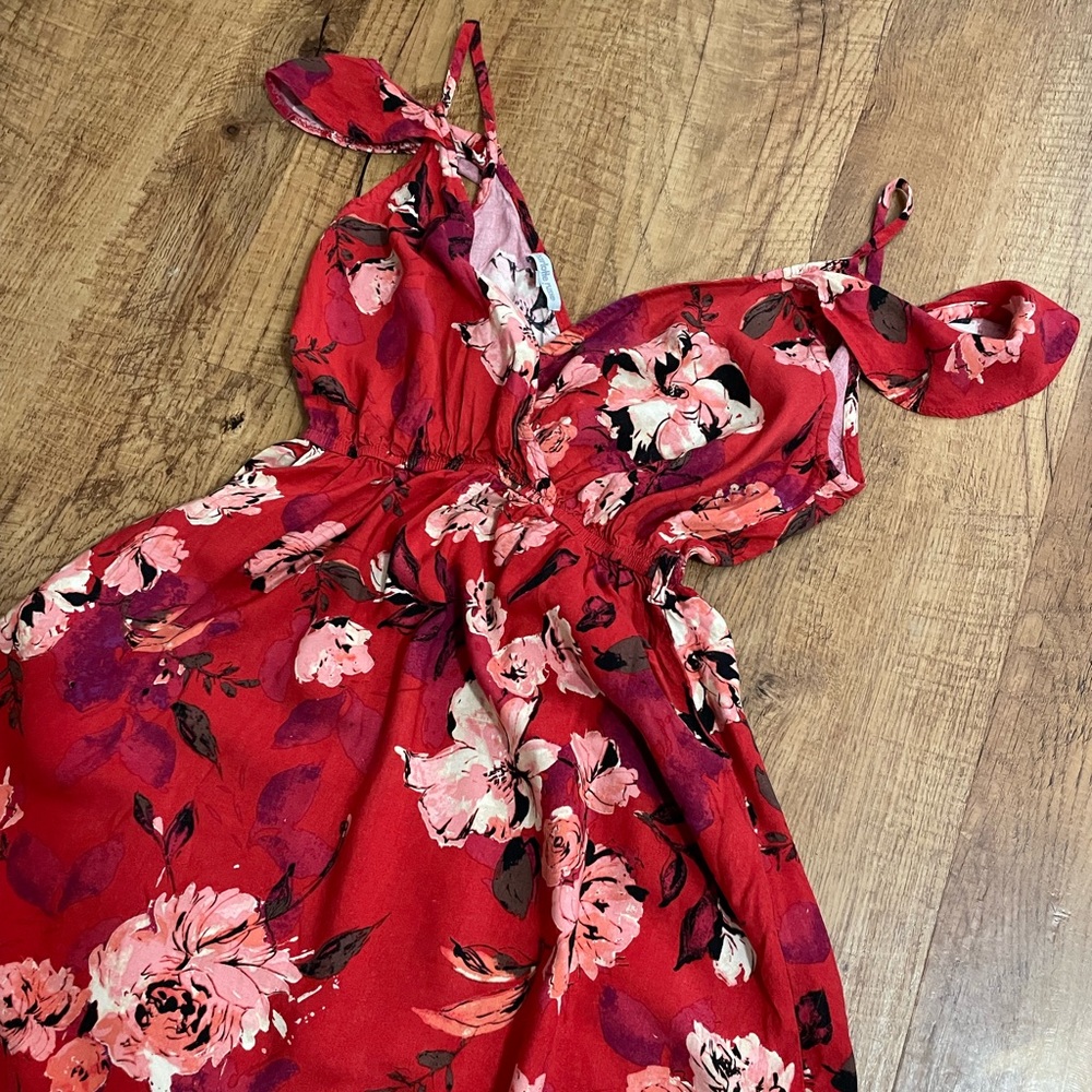 Charlotte Russe Red Floral off Shoulder MIDI Dress With POCKETS!! - Picture 8 of 16